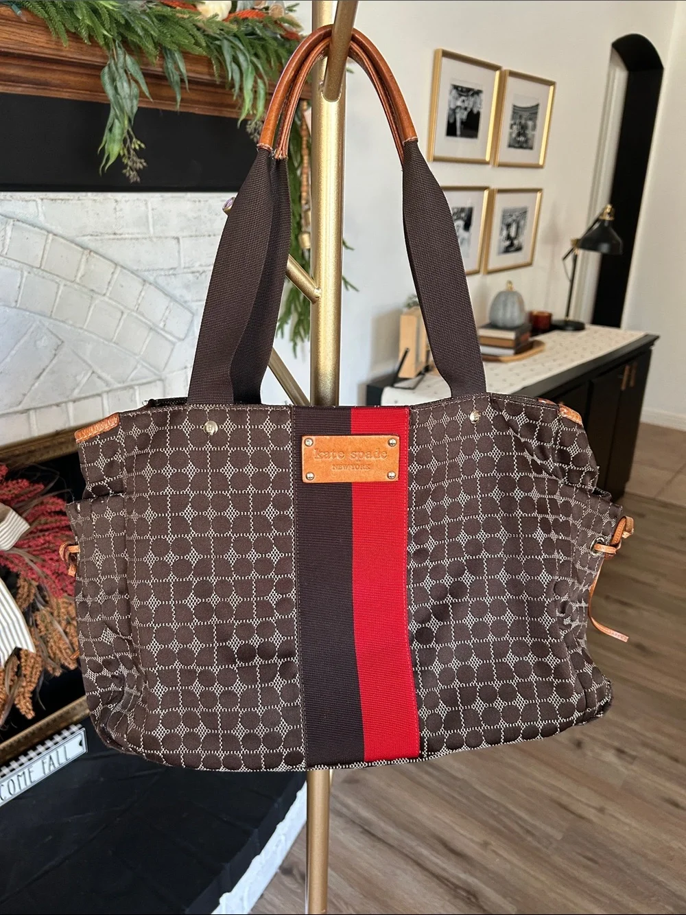 Kate Spade ♠️ New York Brown Tote with Red & Brown Center Stripe